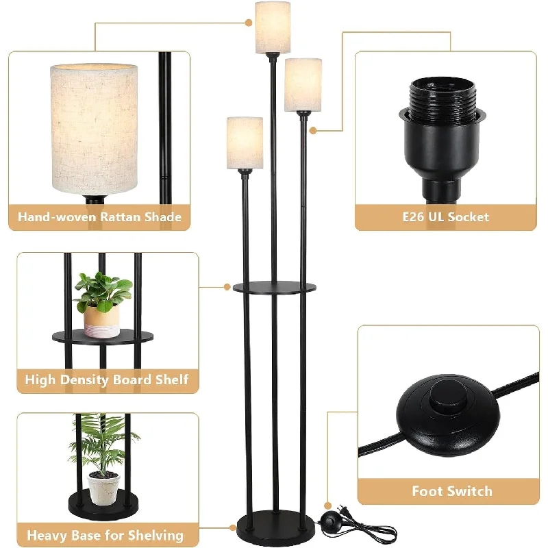 Marble Base Floor Lamp for a Touch of LuxuryFloor Lamp with Shelves, Modern Floor Lamps for Living Room, 3-Lights Standing Lamp with Linen Shade and Foot Switch