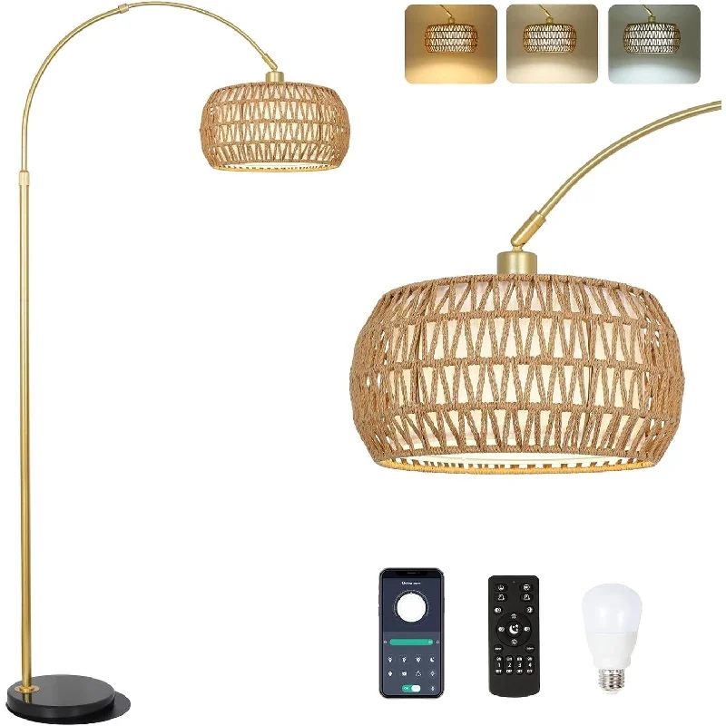 Fabric Floor Lamp with a Linen Shade for a Relaxed AestheticGold Floor Lamps for Living Room, Arc Floor Lamp with Remote & Dimmable Bulb,Rattan Standing lamp with 3 Color Temperatures