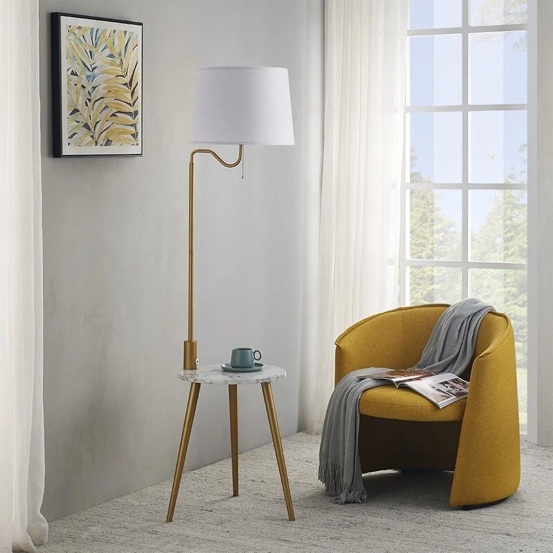 Fabric Floor Lamp with a Linen Shade for a Relaxed AestheticROSEN GARDEN Modern Floor Lamp with Side Table and USB Charging Port