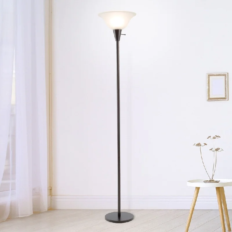 Smart Floor Lamp with Voice Control and Bluetooth ConnectivityTorchiere Floor Lamp Sturdy Metal Base & Frosted Glass Shade WH