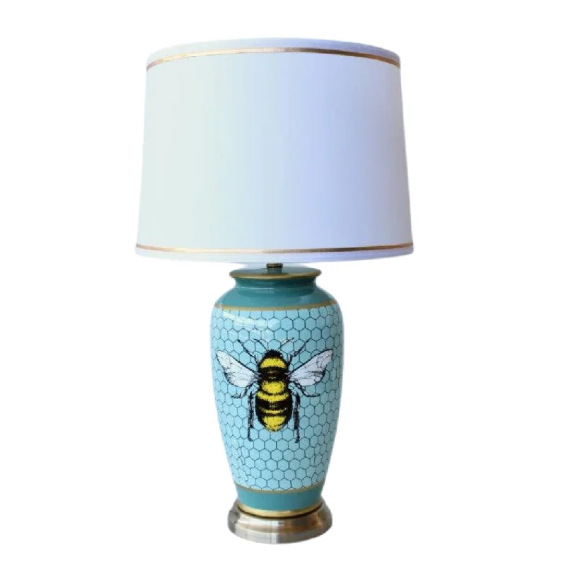 industrial style table lamps with exposed bulbs for loft apartmentsBlue honey comb bee lamp base white shade gold trim 68x40cm