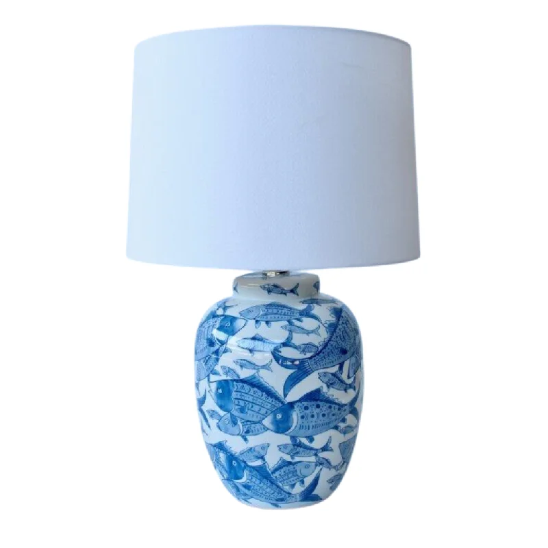 asian inspired table lamps with bamboo accents for a zen atmosphereBlue & white fish lamp base off white shade 605x46cm
