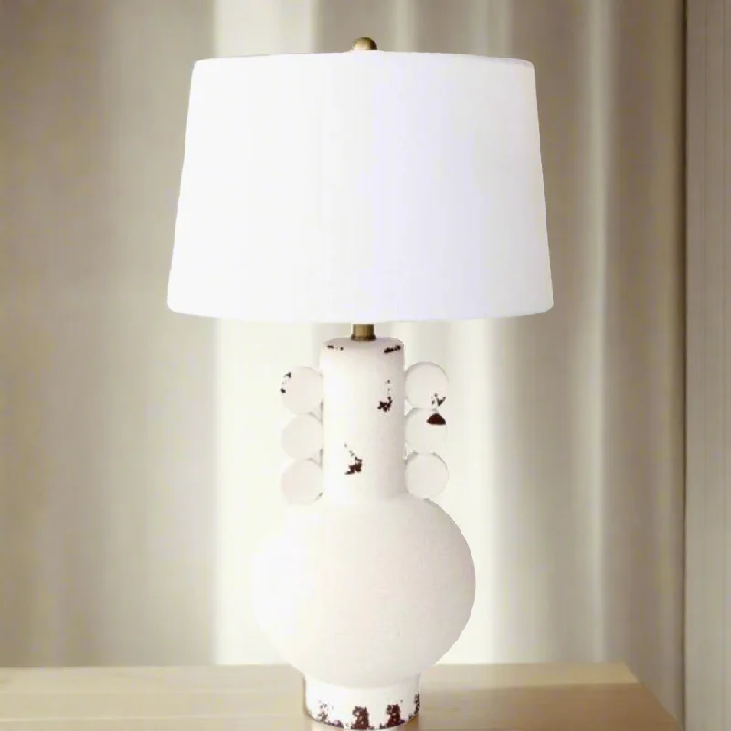 art deco table lamps with geometric shapes for a retro touchOFF WHITE DISTRESSED LAMP WHITE FINIAL & HARP SHADE 69.5X41CM