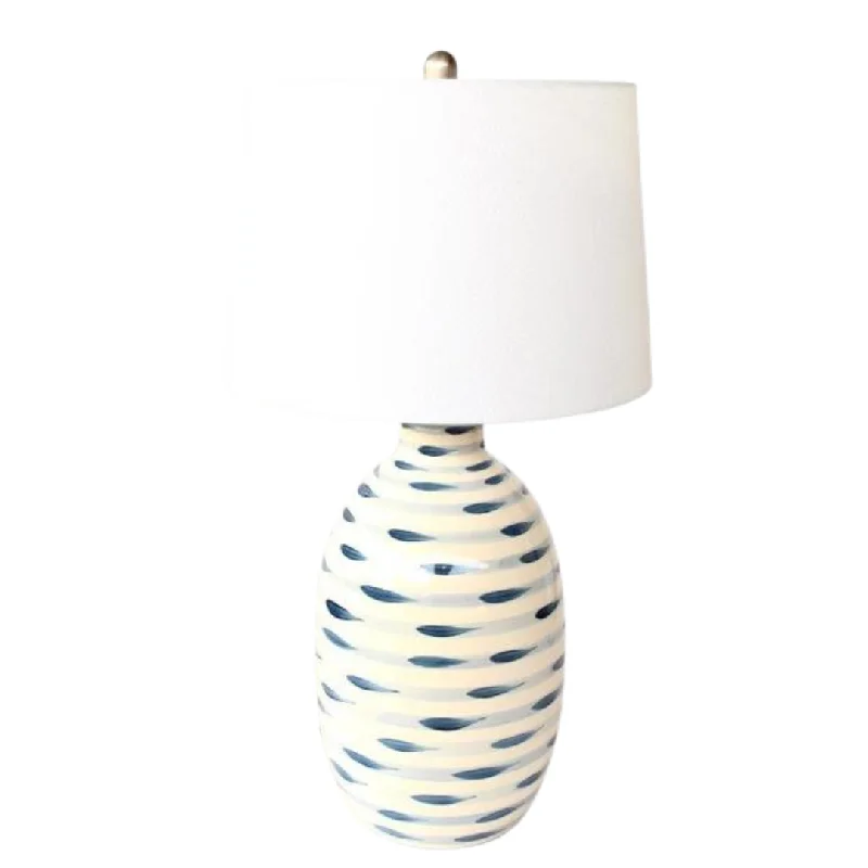 art deco table lamps with geometric shapes for a retro touchBLUE & WHITE STRIPES LAMP BASE WHITE FINIAL & HARP SHADE 69X38CM