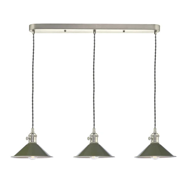 Steampunk Ceiling Lights with Gears, Cogs, and Brass AccentsDar Hadano 3 Bar Light Antique Chrome with Olive Green Shades