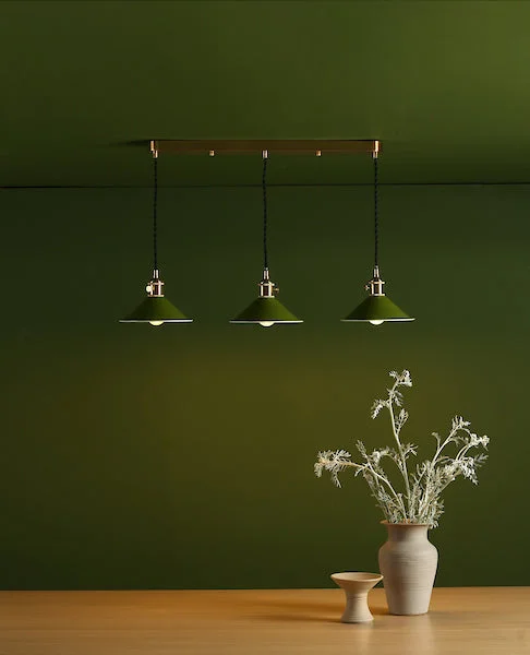 Gothic Ceiling Lights with Dark Metalwork and Pointed ArchesDar Hadano 3 Bar Light Brass with Olive Green Shades