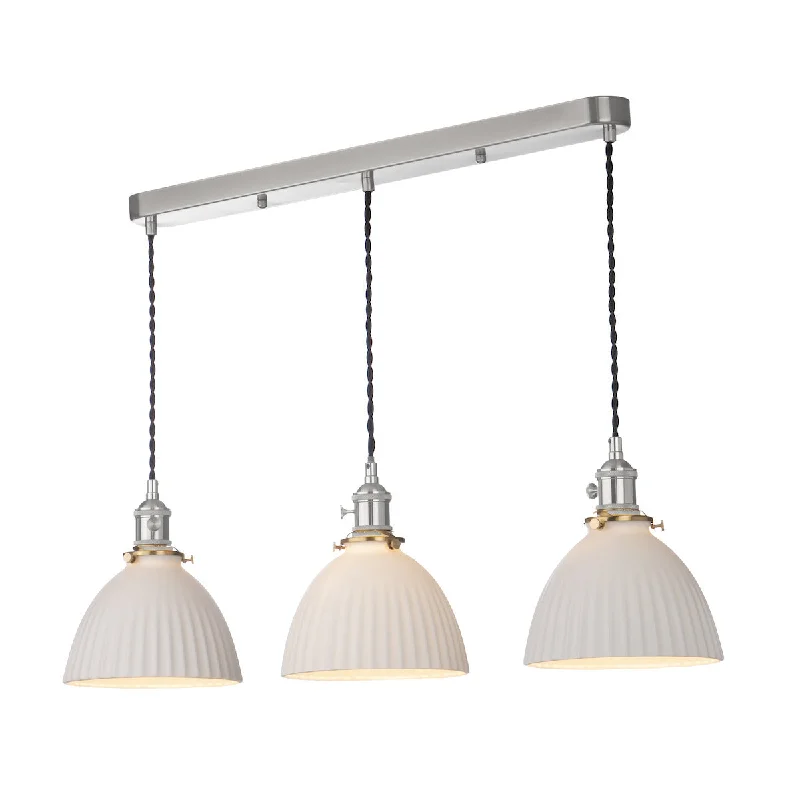 Bohemian Ceiling Lights with Beads, Tassels, and Colorful GlassDar Hadano 3 Light Bar Pendant Antique Chrome & Ceramic Domed Shade