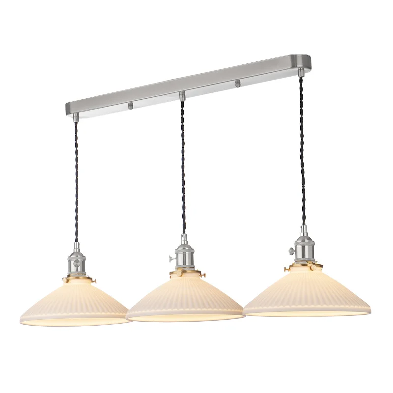 Mid - Century Modern Ceiling Lights with Simple, Sleek LinesDar Hadano 3 Light Bar Pendant Antique Chrome & Ceramic Shallow Shade
