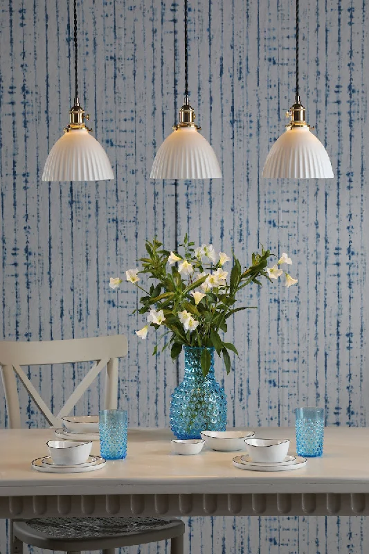 Art Nouveau Ceiling Lights with Organic, Flowing ShapesDar Hadano 3 Light Bar Pendant Natural Brass & Ceramic Domed Shade