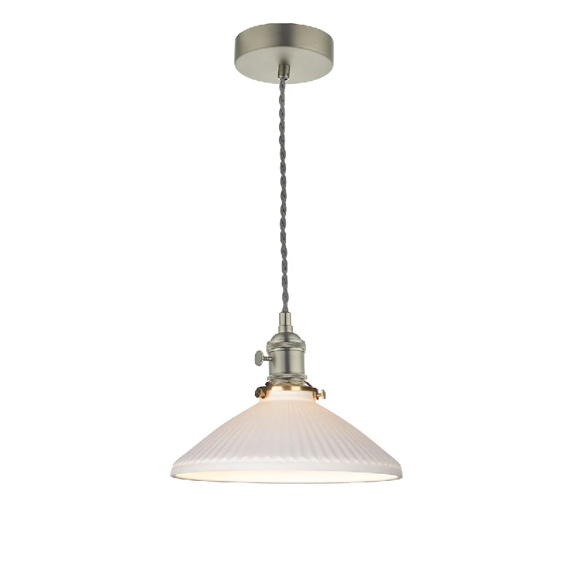 Gothic Ceiling Lights with Dark Metalwork and Pointed ArchesDar Hadano Pendant Antique Chrome & Ceramic Shallow Shade