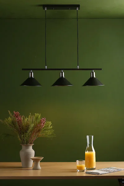 Gothic Ceiling Lights with Dark Metalwork and Pointed ArchesDar Jalen 3 Bar Pendant Graphite & Antique Brass
