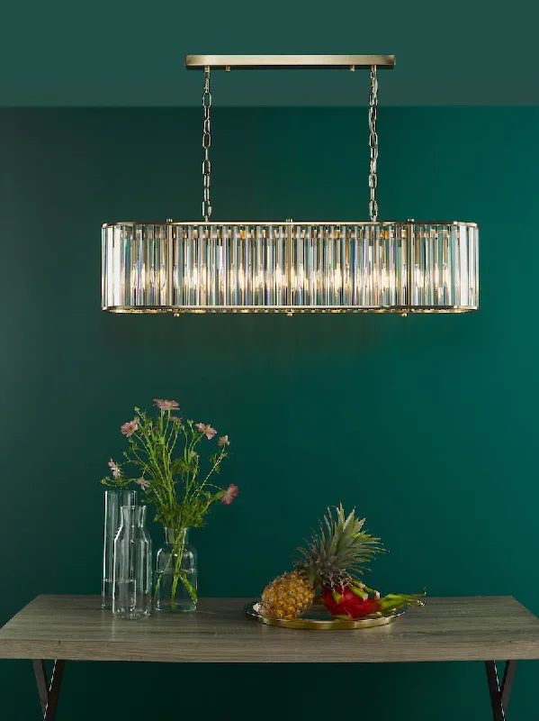Tropical - Themed Ceiling Lights with Palm - Leaf Shapes and Rattan WrapsDar Kiran 7 Light Bar Pendant Natural Brass and Glass