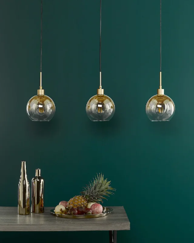 Industrial Style Ceiling Lights with Exposed Bulbs and Metal CagesDar Lycia 3 Light Bar Pendant Satin Gold and Gold Ombre Glass