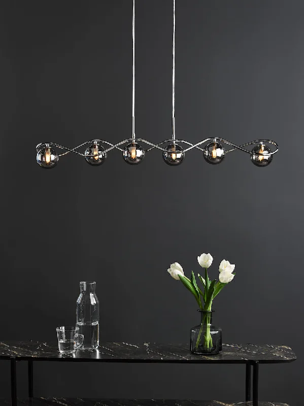 Gothic Ceiling Lights with Dark Metalwork and Pointed ArchesDar Lysandra 6 Light Bar Pendant Polished Chrome and Smoked Glass