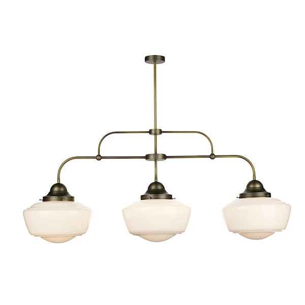 Industrial Style Ceiling Lights with Exposed Bulbs and Metal CagesDavid Hunt Stowe 3 Bar Pendant Antique Brass with Opal Glass