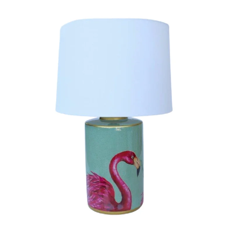 wooden table lamps with natural grain for a warm and organic feelGreen & pink flamingo lamp base off white shade 62x40cm
