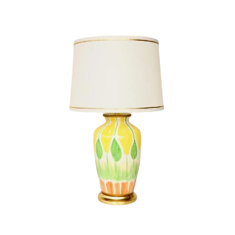 wooden table lamps with natural grain for a warm and organic feelHand Painted Yellow Green Orange Lamp Gold Trim Shade 68x40cm