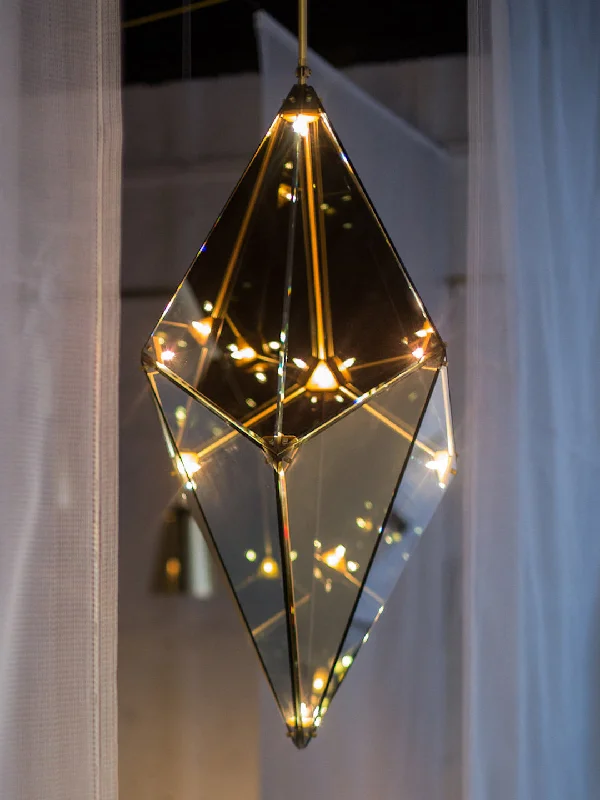 Moroccan Ceiling Lights with Colorful Stained Glass and Geometric CarvingsHedron Tall Pendant Light