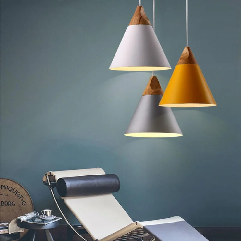 Scandinavian Style Ceiling Lights with Light Wood AccentsANKUR MODERN NORDIC CONE WITH NATURAL WOOD PENDANT LIGHTS