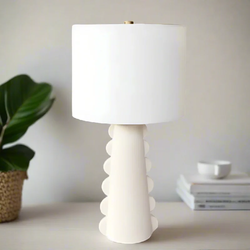 fabric table lamps with a linen shade for a relaxed and breathable lookOFF WHITE HALF CIRCLE SHAPED LAMP WHITE FINIAL & HARP SHADE 60X38CM