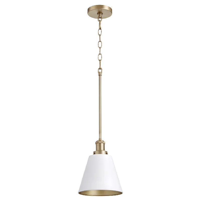 Art Deco Ceiling Lights with Geometric Patterns and Metallic FinishesQuorum 877 Cone Pendants 877-0880 Pendant Light - Studio White W/ Aged Brass